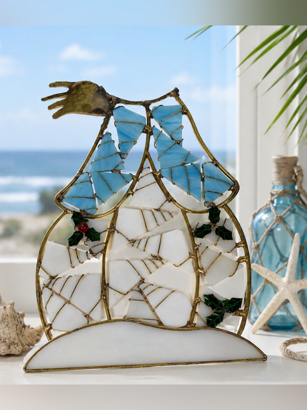Vintage Stained Glass Sailboat Suncatcher Brass Wall Hanging Coastal